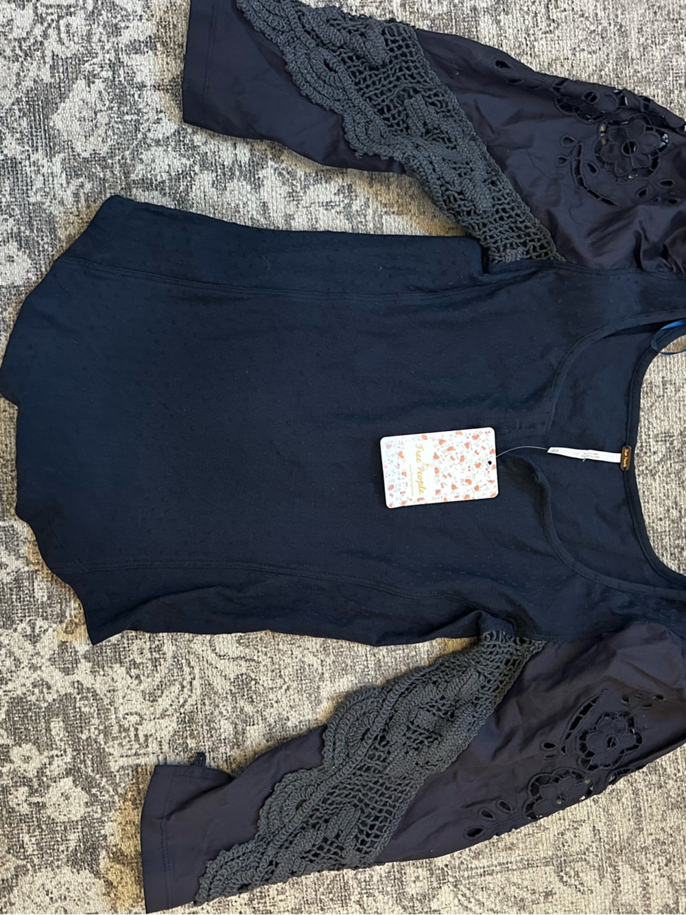 Free People Navy Lace Sleeve Scoop Neck Top *flaw